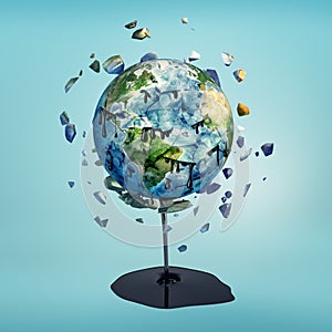 3d rendering of earth sphere shattered with oil spill on blue background