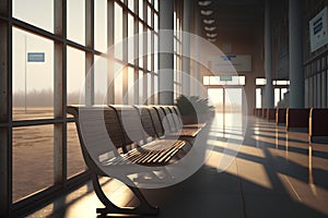 3d rendering of empty airport waiting room with seats and sun light