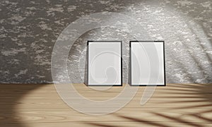 3D rendering Empty black frames on concrete wall on ground wood. concrete and wood Material