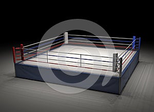 3d rendering of an empty boxing ring spotlighted in the dark.