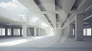 3D rendering of an empty concrete parking garage, with a large, open space and exposed beams and girders.