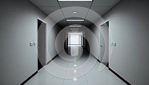 3D rendering of an empty corridor in a modern office building.