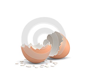 3d rendering of an empty and cracked chicken egg with a brown shell on white background.