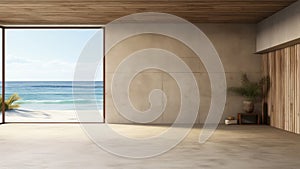 3D rendering of an empty room with a large window overlooking the ocean and a palm tree.