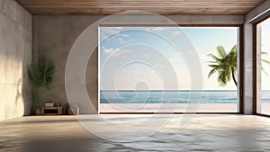 3D rendering of an empty room with a large window overlooking the ocean and a palm tree