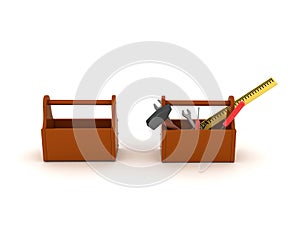 3D Rendering of an empty toolbox and one with tools