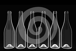 3d rendering. empty transparent wine bottle glass row on black background