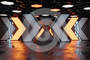 3D rendering of epic hall with neon direction elements and hexagonal ceiling