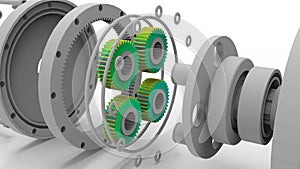 3D rendering - exploded view of a mechanical assembly with four gears