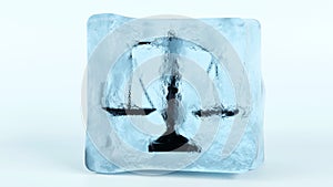 3D rendering of fair scales in frozen cube, justice is disrupted, inequality arises and those in power are not judged concept