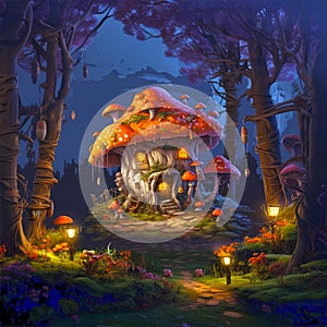 3d rendering of fairy tale little cottage in shape of mushroom in magical forest