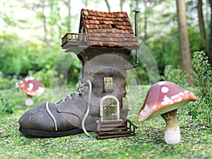 3D rendering of a fairytale shoe house in a mushroom forest.