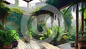3D rendering of a fantasy garden with palm trees and plants.