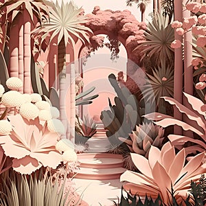 3D rendering of a fantasy garden with plants on a pink background