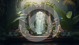 3d rendering of a fantasy garden with a waterfall and plants.