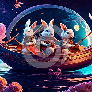 3D rendering of a fantasy scene with a group of rabbits in a boat AI generated