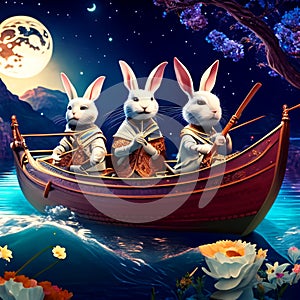 3d rendering of a fantasy scene with a group of rabbits in a boat Generative AI