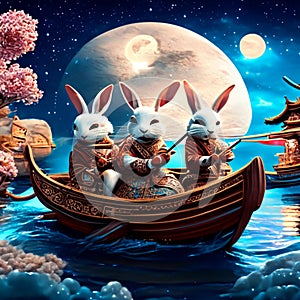 3D rendering of a fantasy scene with a group of rabbits in a boat Generative AI