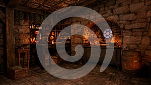 3D rendering of a fantasy witch or sorcerer`s cottage interior lit by candles with magic potions and spells