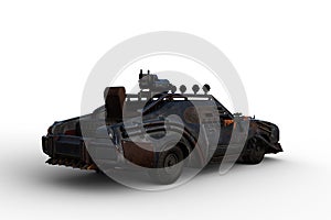 3D rendering of a fantasy zombie apocalypse armoured car isolated on a white background