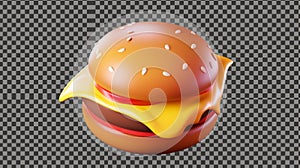 A 3D rendering of a fast-food burger with cheese modern icon on a transparent background. An illustration of a beef