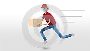 3D rendering fast speedy flying delivery man in medical mask and capes with parcel on white bg. Express shipping service provide