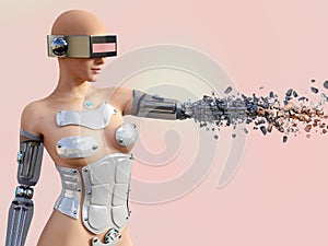 3D rendering of a female android robot breaking apart.