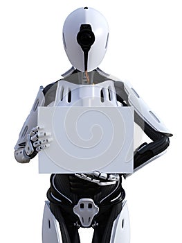 3D rendering of a female android robot holding sign.