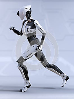 3D rendering of a female android robot running