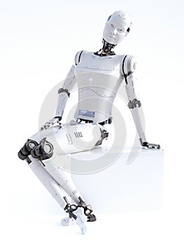 3D rendering of a female android robot sitting on a white cube