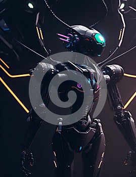 3D rendering of a female robot on a black background with neon lights