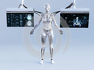 3D rendering of female robot connected to screens