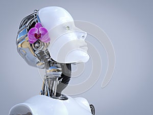 3D rendering of female robot head with orchid