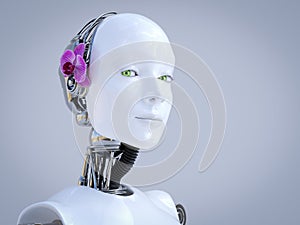 3D rendering of female robot head with orchid