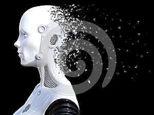 3D rendering of female robot head that shatters.