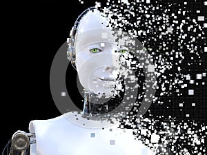 3D rendering of female robot head that shatters