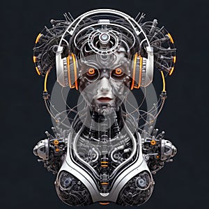 3D rendering of a female robot with headphones listening to music