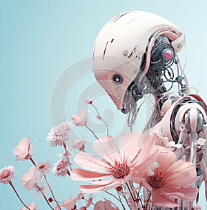 3D rendering of a female robot with pink flowers on blue background