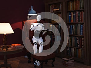 3D rendering of female robot reading book in armchair