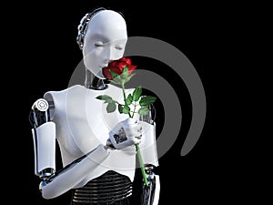 3D rendering of female robot smelling red rose