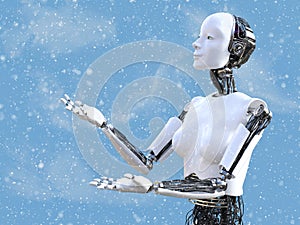 3D rendering of female robot in snow