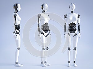 3D rendering of female robot standing, three different angles