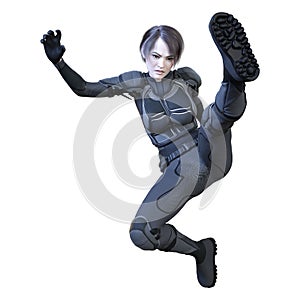 3D Rendering Female Sceince Fiction Fighter on White