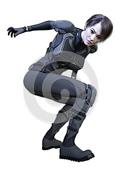 3D Rendering Female Sceince Fiction Fighter on White