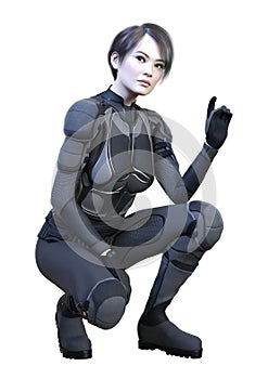 3D Rendering Female Sceince Fiction Warrior on White