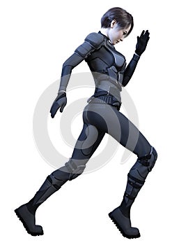 3D Rendering Female Sceince Fiction Warrior on White