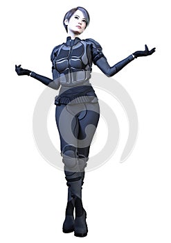 3D Rendering Female Sceince Fiction Warrior on White