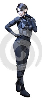 3D Rendering Female Sceince Fiction Warrior on White