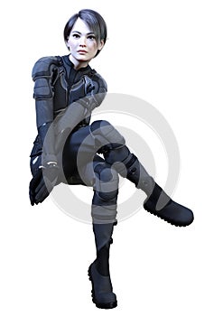 3D Rendering Female Sceince Fiction Warrior on White