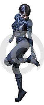 3D Rendering Female Sceince Fiction Warrior on White